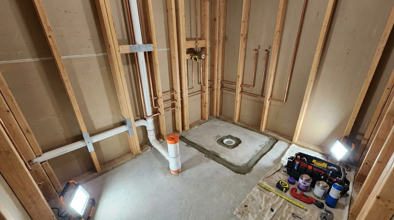 Bathroom rough-in plumbing during remodel by Johns Plumbing LLC in Pompano Beach