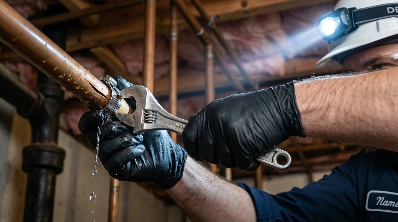 Emergency pipe clamp repair being performed by a Johns Plumbing LLC plumber in Pompano Beach